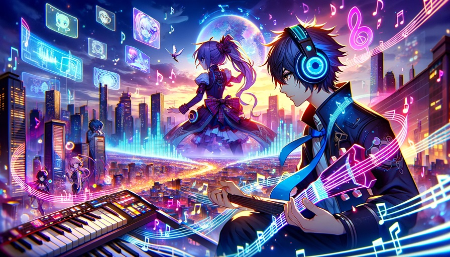 A wide, panoramic scene inspired by Otacore music, featuring anime-style characters in a dynamic, colorful environment. One male character is wearing