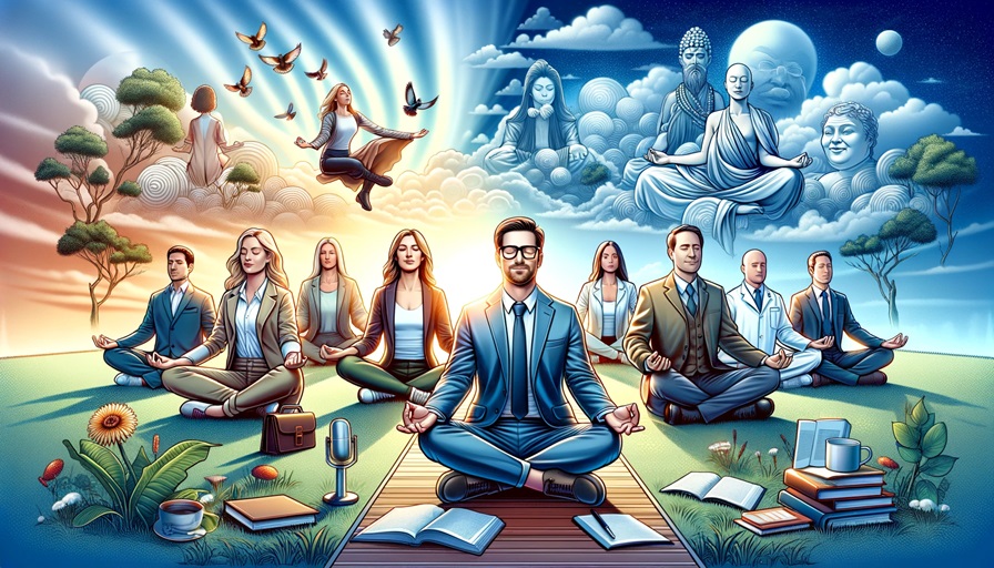 An illustrated scene depicting the concept of Transcendental Meditation and productivity and focus, showcasing diverse individuals from different professions such as a celebrity