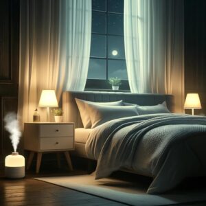 Calming background noise to help you sleep – An inviting bedroom scene at night with soft, dim lighting and a neatly made bed.